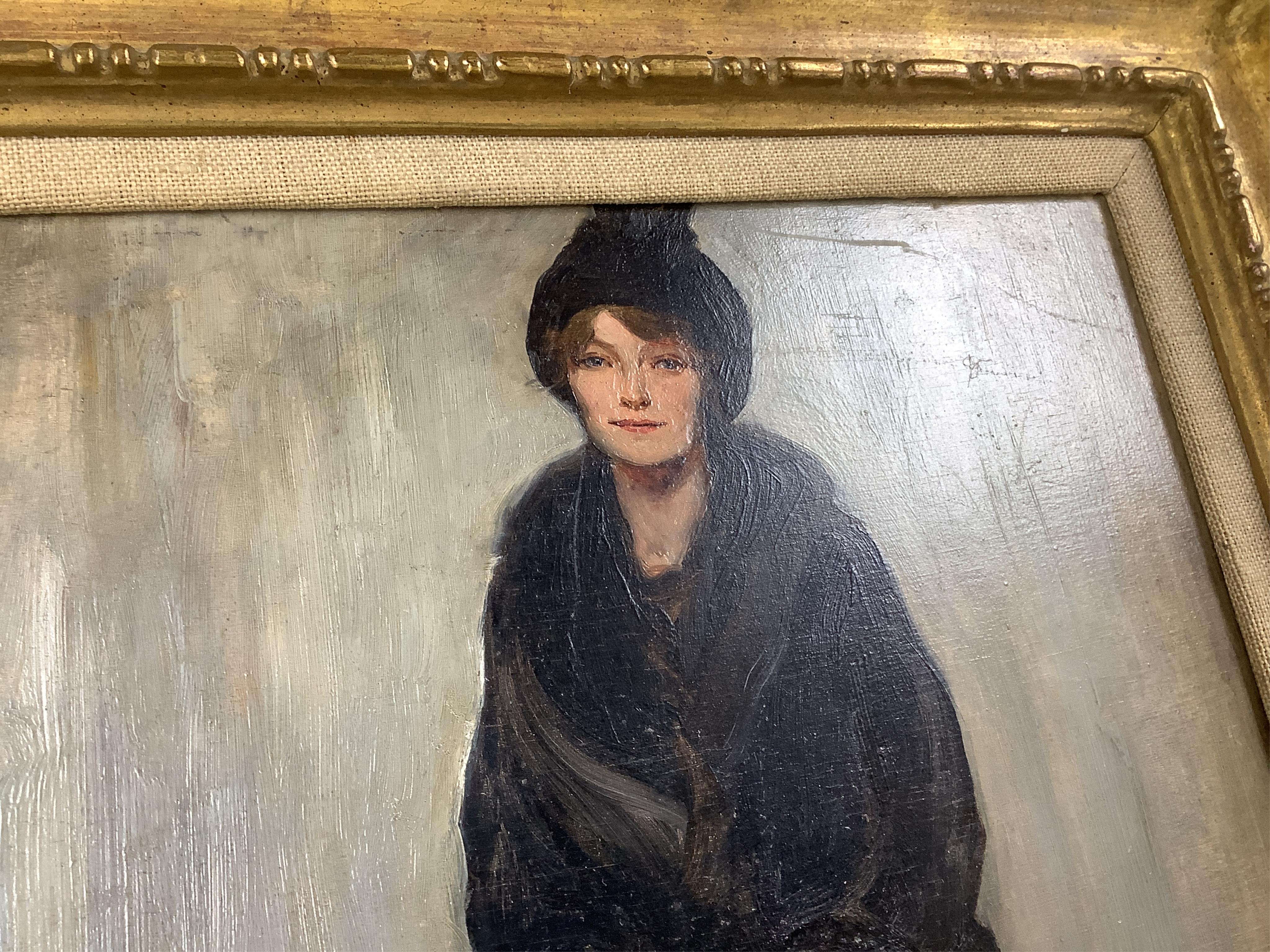 Manner of Walter Sickert (1860-1942), oil on panel, Study of a seated woman, signed, inscribed ‘Mrs Uffington, July 1914, W. Sickert’ verso, gilt framed, 34 x 26cm. Condition - good